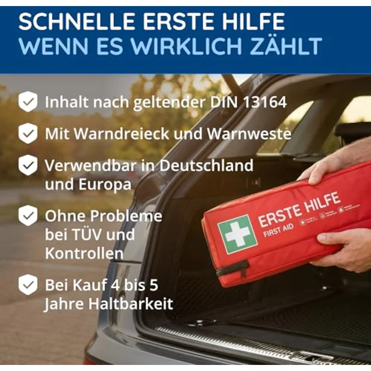 FLEXEO KFZ-Verbandkasten DIN 13164:2022, Erste-Hilfe-Tasche mit Warnweste und Warndreieck, gesetzeskonform und erweiterte Ausstattung – Bild 2