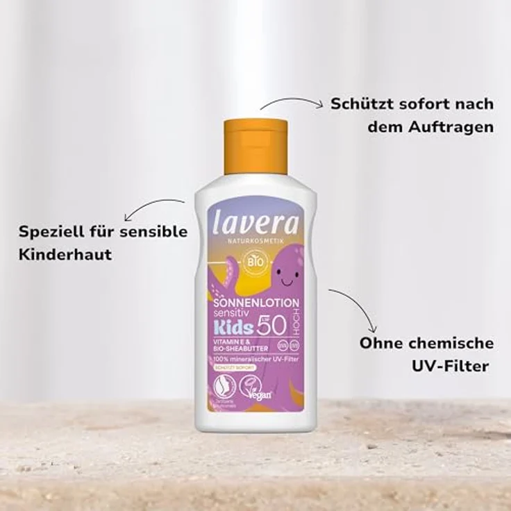 lavera Sonnenlotion Sensitiv KIDS LSF 50, Sonnencreme für sensible Haut, ohne chemische UV-Filter, wasserfest, vegan, Naturkosmetik, 100 ml – Bild 3