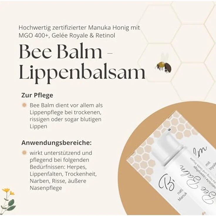 bedrop BeeBalm Lippenpflege, Lippenbalsam im Pump-Spender mit Manuka Honig, Gelée Royale und Retinol - feuchtigkeitsspendend, Anti-Aging, 100% natürlich, 3x 6ml Sparset – Bild 5