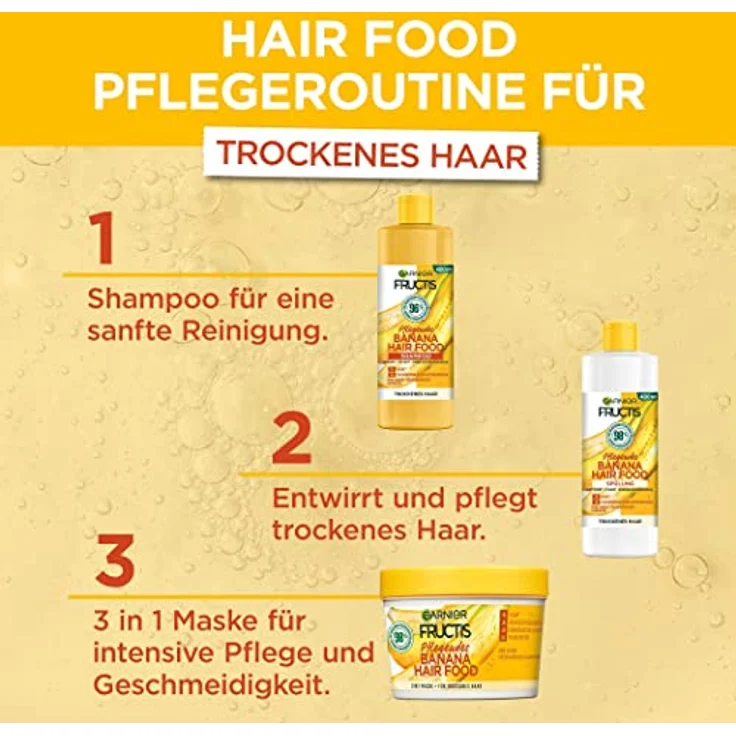 Garnier Banana 3in1 Haarmaske für trockenes Haar, Leave In für intensive Pflege und Geschmeidigkeit, Vegane Formel mit natürlichen Inhaltsstoffen, Fructis Hair Food, 1 x 400 ml – Bild 2