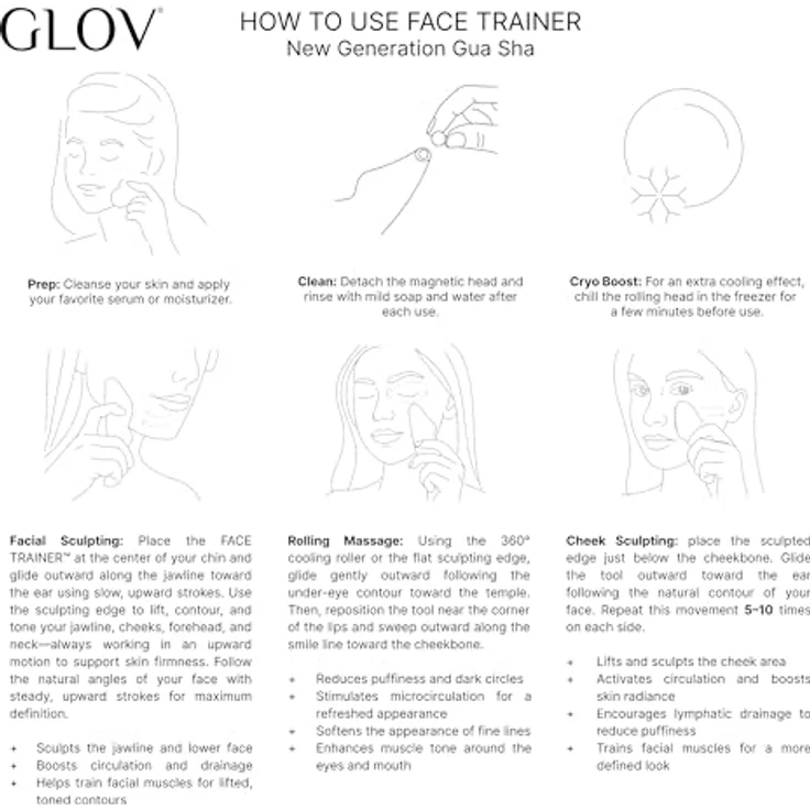 GLOV Face Trainer new generation, Gua Sha Gesicht Roll-On mit 6-seitiger Skulpturfläche und 360° kühlendem Augenroller aus hautfreundlicher Zinklegierung – Bild 4