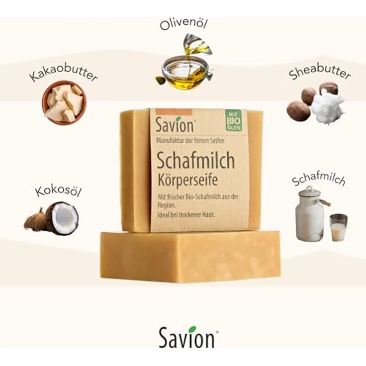 Savion Schafmilch Körperseife für trockene Haut, Palmölfrei, Plastikfrei, Tierversuchsfrei, 80g – Bild 4