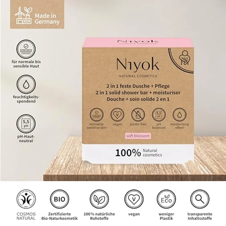 Niyok® 2-in-1 Feste Dusche + Pflege "Soft Blossom" (80g) • Naturkosmetik Duschseife • Festes Duschgel für alle Hauttypen • Vegane Seife für Körper & Hände • Plastikfrei & Vegan – Bild 3