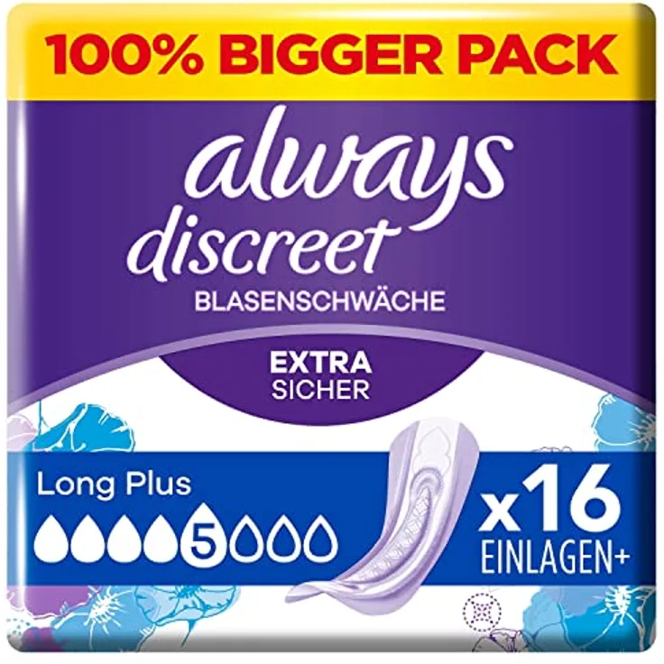 Always Discreet Inkontinenz-Slipeinlagen Damen, Long Plus (16 Binden) Big Pack, starker Schutz mit RapidDry-Kern, geruchsneutralisierende Technologie