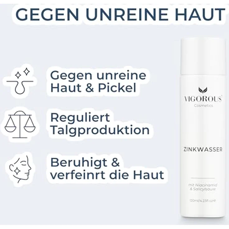 VIGOROUS® Zink Gesichtswasser 120ml, Anti-Pickel Gesichtsreinigung mit Salicylsäure & Niacinamid, Vegan gegen hormonelle Akne, für Männer & Frauen – Bild 3