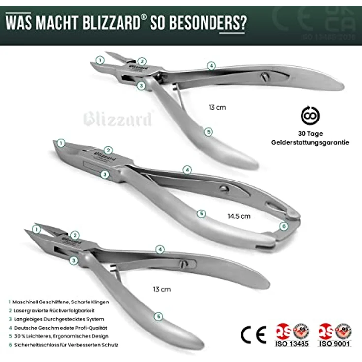 Blizzard Podologie Instrumente Set 3 Stk, Nagelzange mit konkaver, spitzer und schmaler Schneide, für die Pflege harter und eingewachsener Nägel, medizinischer Gebrauch, deutsche Herstellung – Bild 3