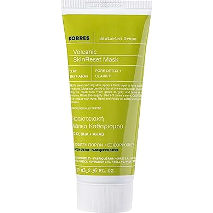 KORRES SANTORINI GRAPE Hautverfeinernde Maske mit Vulkansand, porenverfeinernd, mit Aktivkohlekapseln & Salicylsäure BHA, vegan, 70 ml