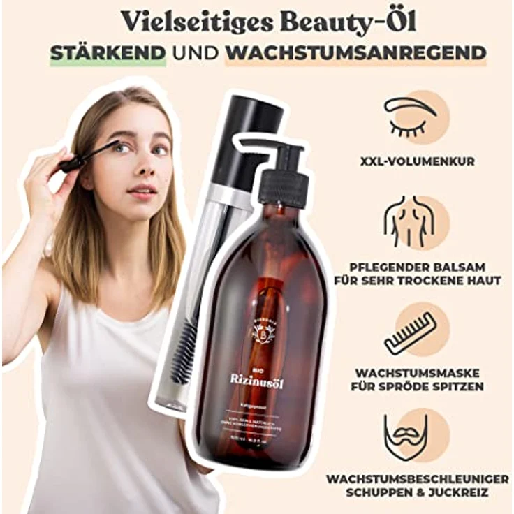 Bionoble Rizinusöl Bio 500ml - 100% Rein, Natürlich und Kaltgepresst - Wimpern, Augenbrauen, Haare, Bart, Nägel - Vegan und Cruelty Free - Castor Oil - Glasflasche + Pumpe + Mascara Kit – Bild 2