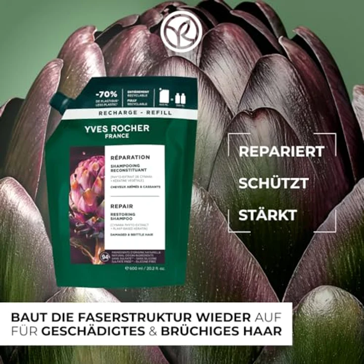 Yves Rocher Reparierendes Shampoo für geschädigtes Haar, 79x stärkere Haarstruktur, ohne Sulfate und Silikone, mit Cynara und pflanzlichem Keratin, 600 ml Refill – Bild 2