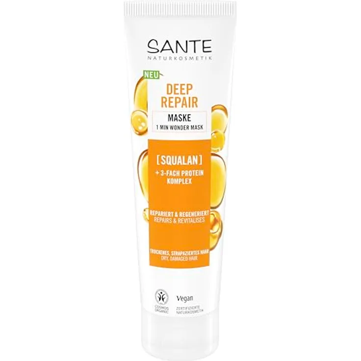 SANTE Naturkosmetik Deep Repair Maske Squalan + 3-Fach Protein Komplex, vegane Haarmaske für intensive Feuchtigkeit und geschmeidiges Haar, 150 ml