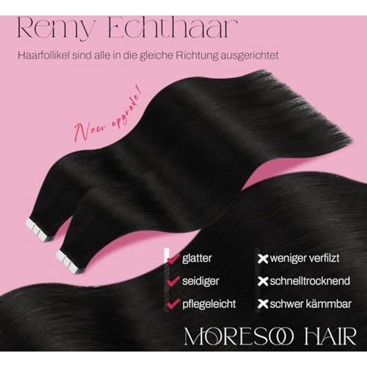 Moresoo Tape Echthaar Extensions Schwarz, 100% Remy Hair, Skin Weft, 20 Stück, 50 Gramm, 60 cm – Bild 2