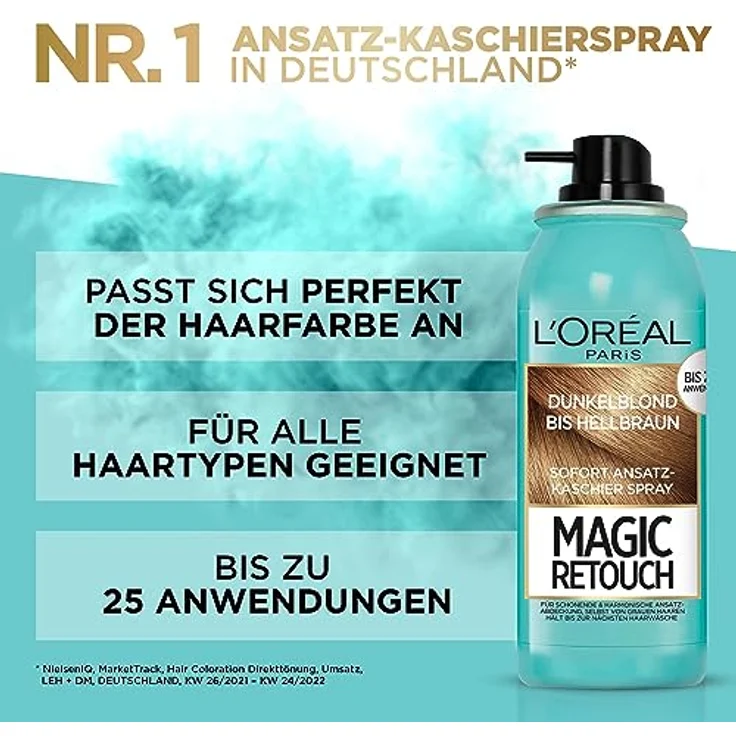 L'Oréal Paris Ansatz-Kaschierspray für stufenlose und natürliche Übergänge, Kaschiert Ansätze bis zur nächsten Haarwäsche, Magic Retouch, Dunkelblond bis Hellbraun, 1 x 75 ml – Bild 2