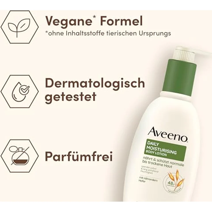 Aveeno Daily Moisturising Feuchtigkeitsspendende Bodylotion, parfümfrei, 300 ml, beruhigender Hafer, normale bis trockene, empfindliche Haut – Bild 4