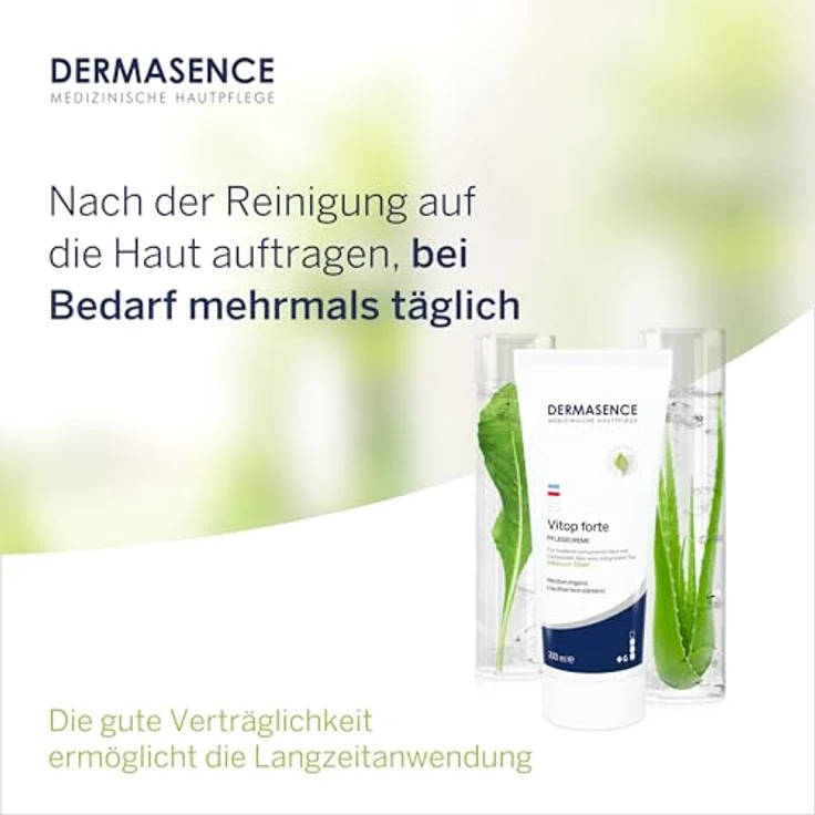 DERMASENCE Vitop forte Pflegecreme, 200 ml - Hautschützende Basispflege bei trockener und zu Neurodermitis neigende Haut - Entzündungen vorbeugend mit Färberwaid und Aloe Vera – Bild 5