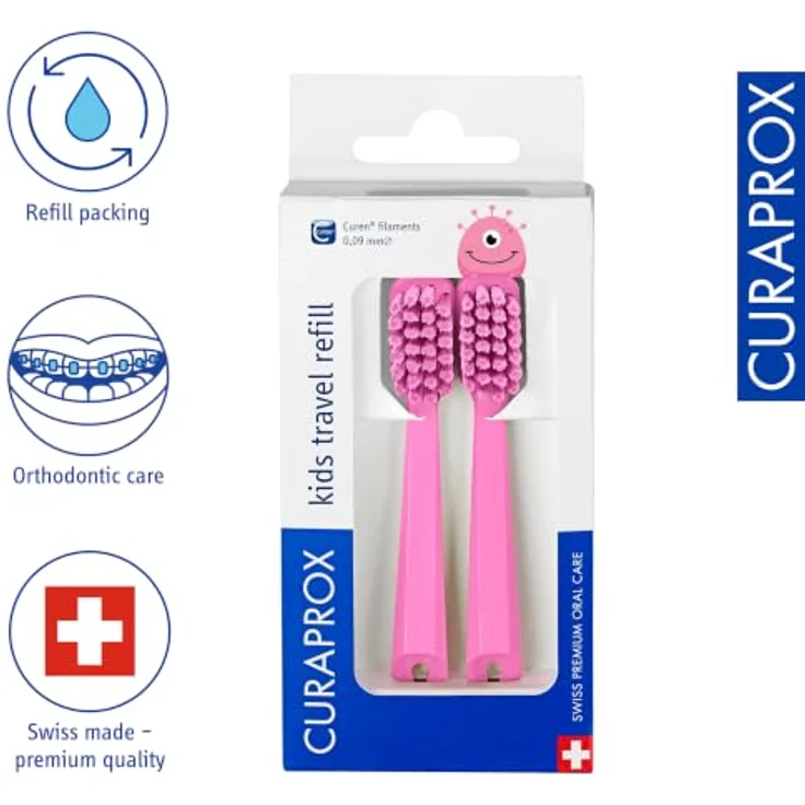 Curaprox Kids Travel Refill, Ersatzköpfe für Kinderzahnbürsten, pink, 2er Pack mit feinen Borsten und lustigem Design – Bild 2