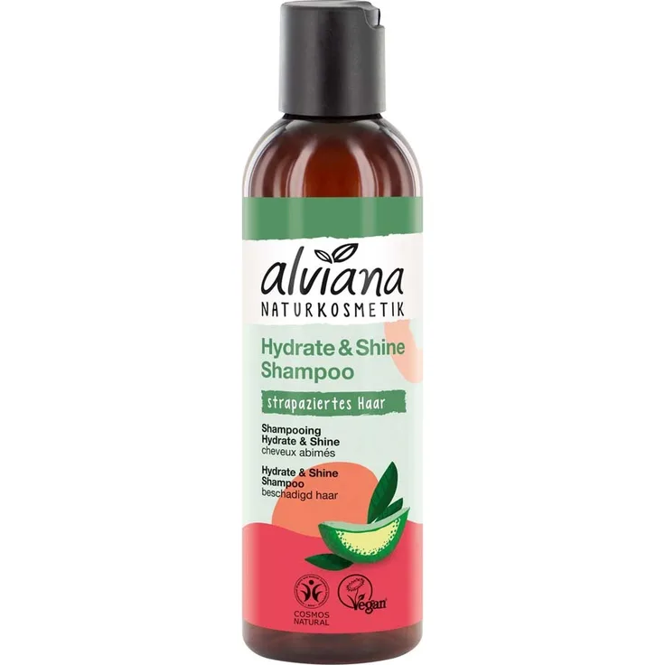 Alviana Shampoo - Hydrate & Shine mit Bio-Aloe Vera, 200ml - regeneriert, gleitet und verleiht seidigen Glanz mit Bio-Traubenkernöl und Bio-Brokkolisamenöl
