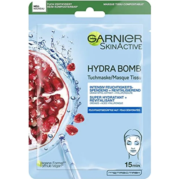 Garnier Tuchmaske, Gesichtsmaske für feuchtigkeitsbedürftige Haut, Revitalisierend und feuchtigkeitsspendend, Mit Hyaluronsäure und Granatapfel-Extrakt, Hydra Bomb, 28 g