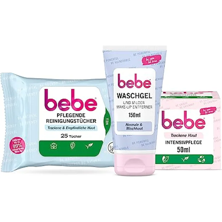 Bebe Intensivpflege (50ml), Waschgel & milder Augen Make-Up Entferner (150ml) & Pflegende Reinigungstücher (25 Tücher), Gesichtsreinigung und -pflege Set