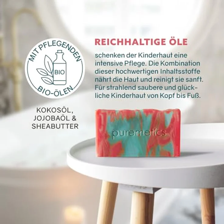 puremetics Natur-Seifen Kinderseife Tropical, antibakterielle Handseife mit Jojobaöl und Sheabutter, 75 g – Bild 3