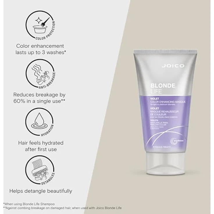 Joico BLONDE LIFE Color Enhancing Masque Violet, Haarmaske mit Hitzeschutz bis 232 °C und Anti-Haarbruch-Formel, 150 ml – Bild 3