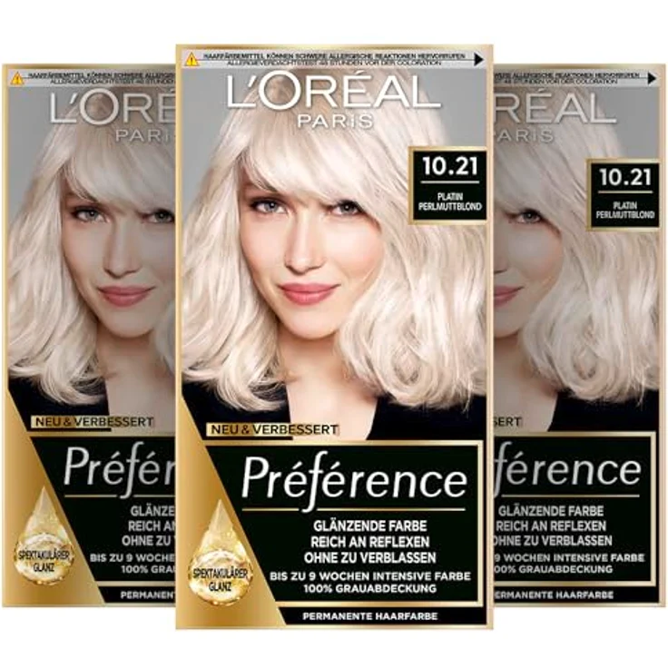 L'Oréal Paris Préférence Haarfärbeset, Permanente Coloration mit 100% Grauabdeckung und Farbglanz-Pflegebalsam, 10.21 Platin Perlmuttblond, 3er Set – Bild 1
