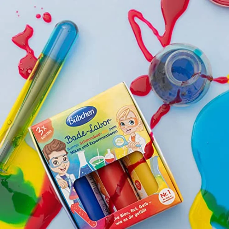 Bübchen Bade-Labor, 3 x 50 ml – bunter Schaumbad-Mix mit Wasserfarb-Effekt zum Mischen und Experimentieren, vegan, ohne Silikone und Mikroplastik – Bild 3