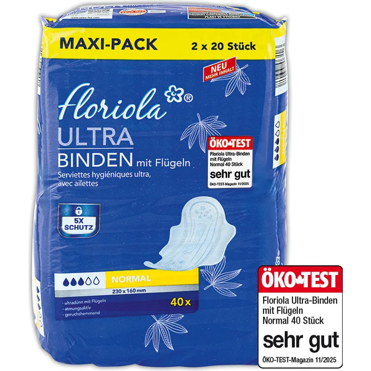 Floriola Ultra-Binden mit Flügeln – 40 Stück, zuverlässiger Schutz, angenehm weich & diskret, ideal für den täglichen Bedarf