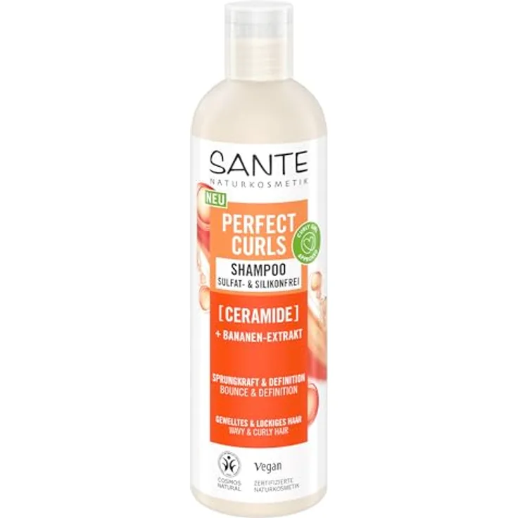 SANTE Perfect Curls Shampoo Ceramide, 250 ml - Haarshampoo mit Ceramiden & Bananen-Extrakt, Anti-Frizz Feuchtigkeitspflege für lockiges & welliges Haar, vegan & sulfatfrei