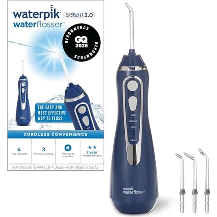 Waterpik Munddusche Cordless Advanced WP-563, kabellos mit pulsierendem Wasserstrahl, 3 Druckstufen, wasserdicht, inklusive 4 Aufsätzen, Induktionsladesystem – Bild 2