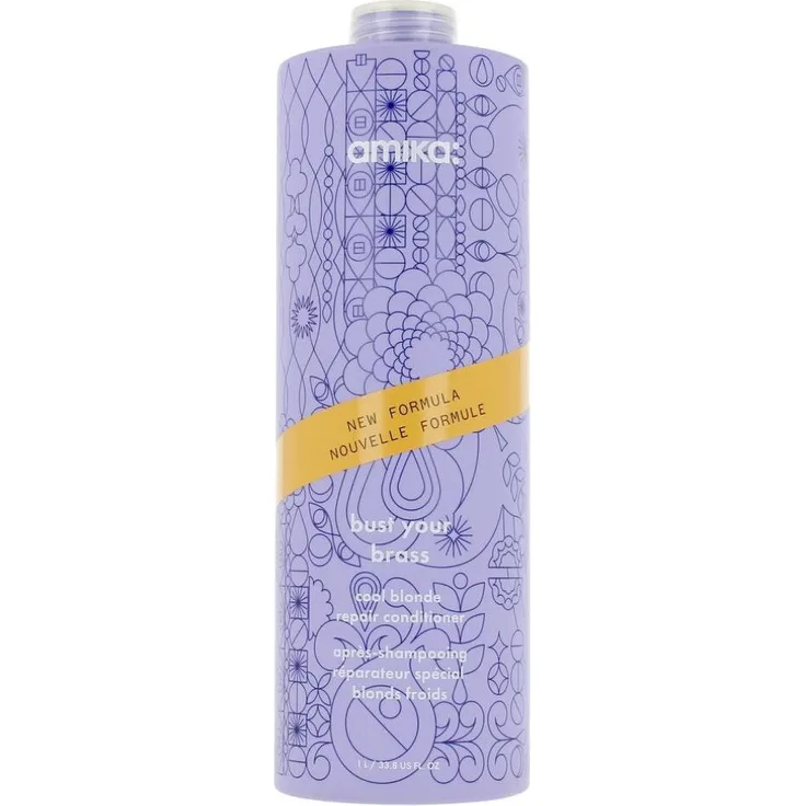 amika BUST YOUR BRASS reparierender Conditioner für blondes Haar, 1000 ml, violette Formel zur Neutralisierung von Gelbstichen und Farbintensitätserhalt