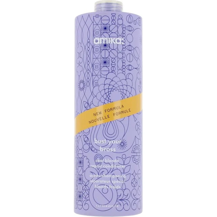amika BUST YOUR BRASS reparierender Conditioner für blondes Haar, 1000 ml, violette Formel zur Neutralisierung von Gelbstichen und Farbintensitätserhalt