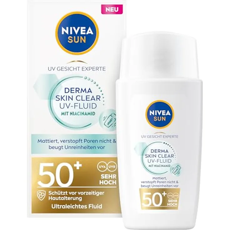 Nivea Sun Sonnenschutz Fluid LSF 50+ Derma Skin Clear UV-Fluid, nicht fettend, mit Anti-Unreinheiten Komplex & Niacinamid, 40 ml