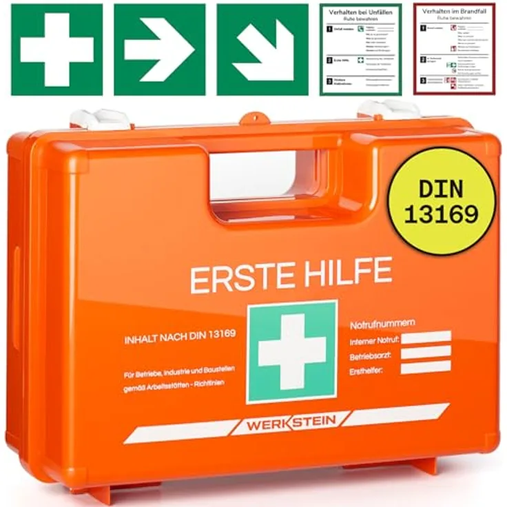 Werkstein Erste-Hilfe-Koffer DIN 13169:2021 - Verbandskasten mit Wandhalterung, 5x Aufkleber, Gesichtsmasken, Feuchttücher & Plombe, 1 St - Erste Hilfe Koffer für Betriebe, Einrichtungen & Zuhause