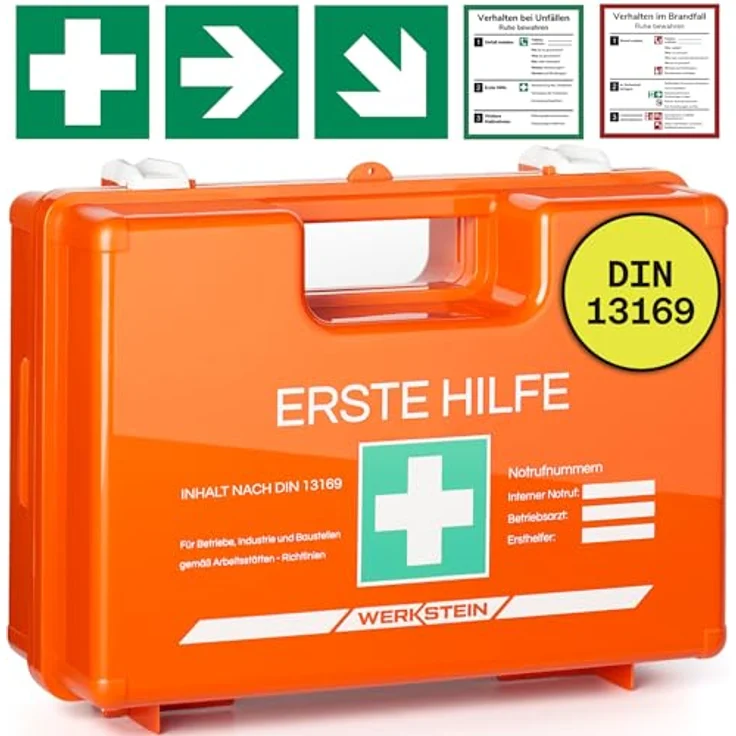 Werkstein Erste-Hilfe-Koffer DIN 13169:2021 - Verbandskasten mit Wandhalterung, 5x Aufkleber, Gesichtsmasken, Feuchttücher & Plombe, 1 St - Erste Hilfe Koffer für Betriebe, Einrichtungen & Zuhause – Bild 1