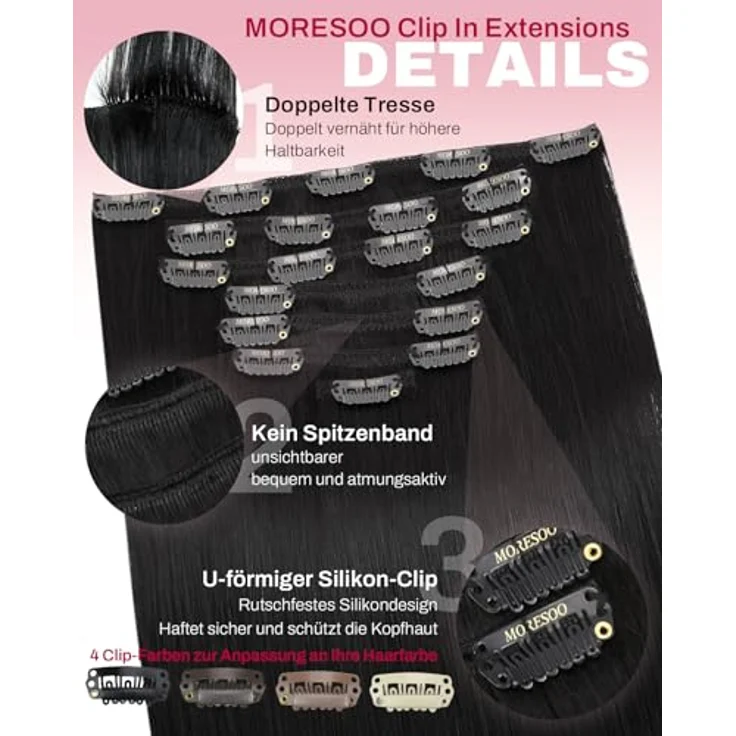Moresoo Clip Extensions Echthaar 55cm, 7pcs 120g, Wiederverwendbar, Seidig und Glänzend, Verschiedene Farbalternativen verfügbar – Bild 4
