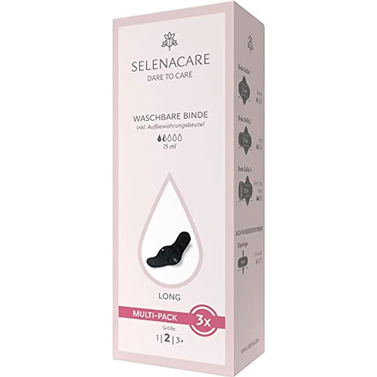 Selenacare Waschbare Binde Größe 2, 3er Multipack mit Aufbewahrungsbeutel - antibakteriell & geruchshemmend, 100% vegan, waschbar bei 30° – Bild 3