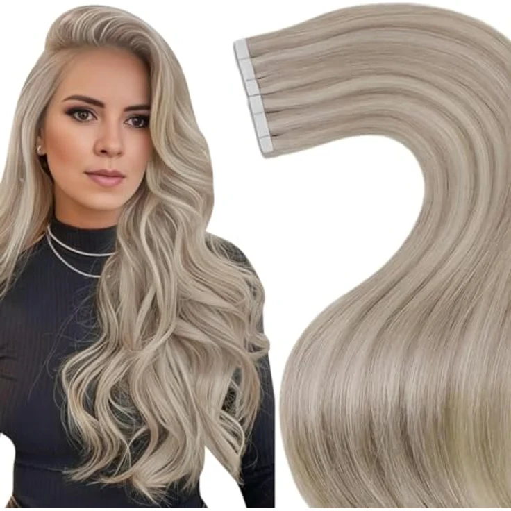 LaaVoo Tape in Extensions Echthaar 60cm, Ashblond Hellblond, Remy Haarverlängerung mit verbesserter Klebetechnik, 20 Stück, 50g – Bild 1