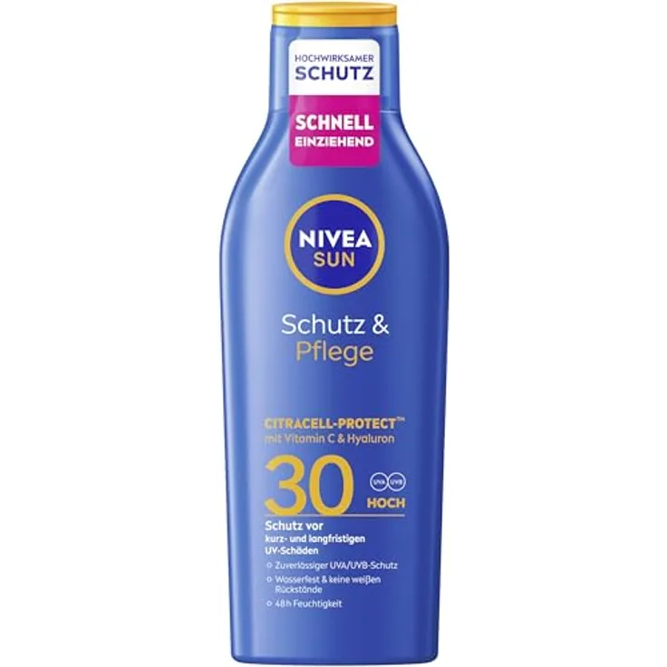 NIVEA SUN Schutz & Pflege Sonnenlotion LSF 30, wasserfester Sonnenschutz mit Vitamin C & Hyaluron, 48h Feuchtigkeit, ohne weißen Film, 200 ml