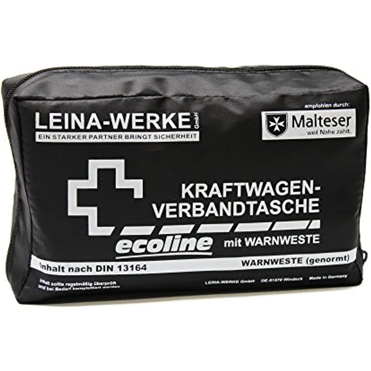 Leina-Werke 11054 KFZ-Verbandtasche Compact Ecoline mit Warnweste und Klett, Schwarz/Weiß