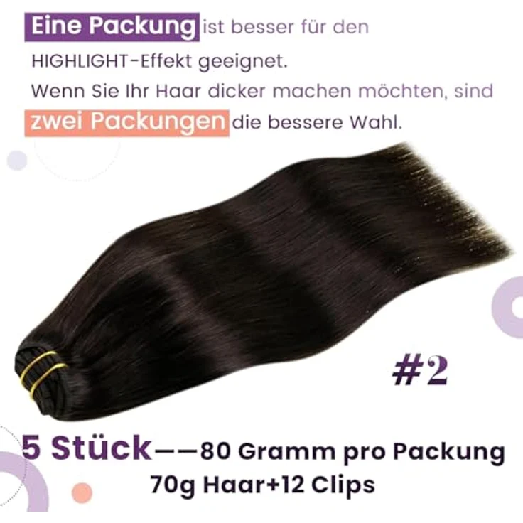 LaaVoo Clip-In-Haarverlängerung, Echthaar, dunkelbraun, #2, 5 Stück/80 g, 45 cm, mit doppelter Tresse – Bild 3