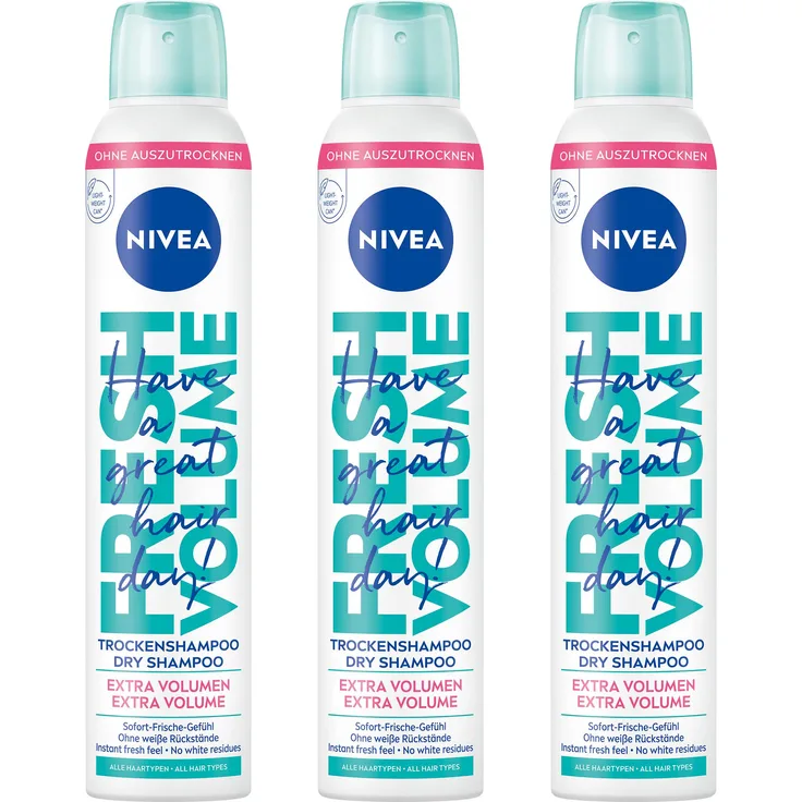 NIVEA Trockenshampoo Fresh Volume, Trockenshampoo mild vegan, 3 x 200 ml, ohne weiße Rückstände, 99% biologisch abbaubar