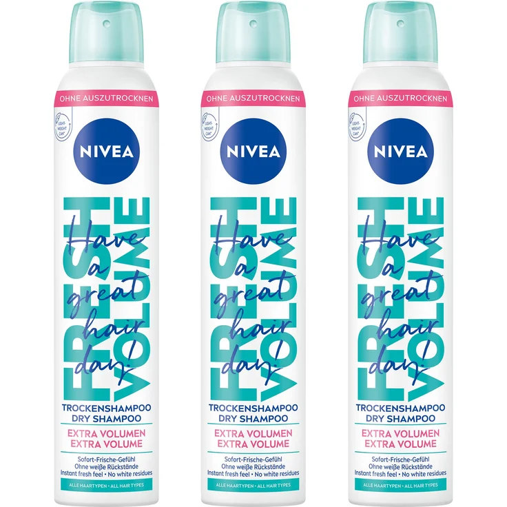 NIVEA Trockenshampoo Fresh Volume, Trockenshampoo mild vegan, 3 x 200 ml, ohne weiße Rückstände, 99% biologisch abbaubar