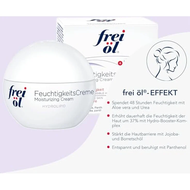 frei öl Hydrolipid FeuchtigkeitsCreme, Gesichtscreme mit Aloe Vera, Urea, Jojoba- und Borretschöl, 48h intensive Feuchtigkeit, vegan, 50 ml – Bild 3