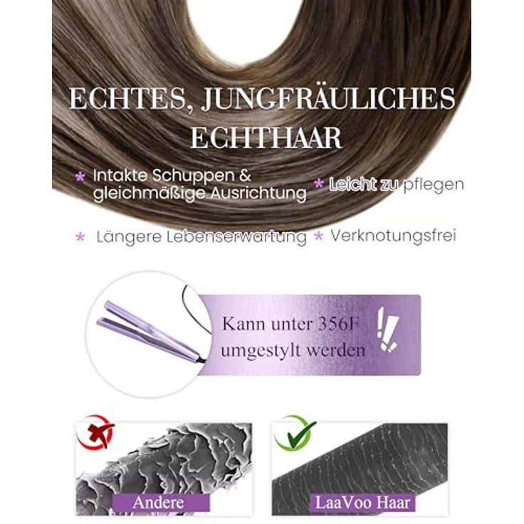 LaaVoo Microring Extensions Echthaar 45cm Remy Ombre Dunkelbraun Dunkel Aschblond, 50g #4/18/4, Kaltfusionsmethode, wiederverwendbar, hitzestyling-fähig – Bild 4