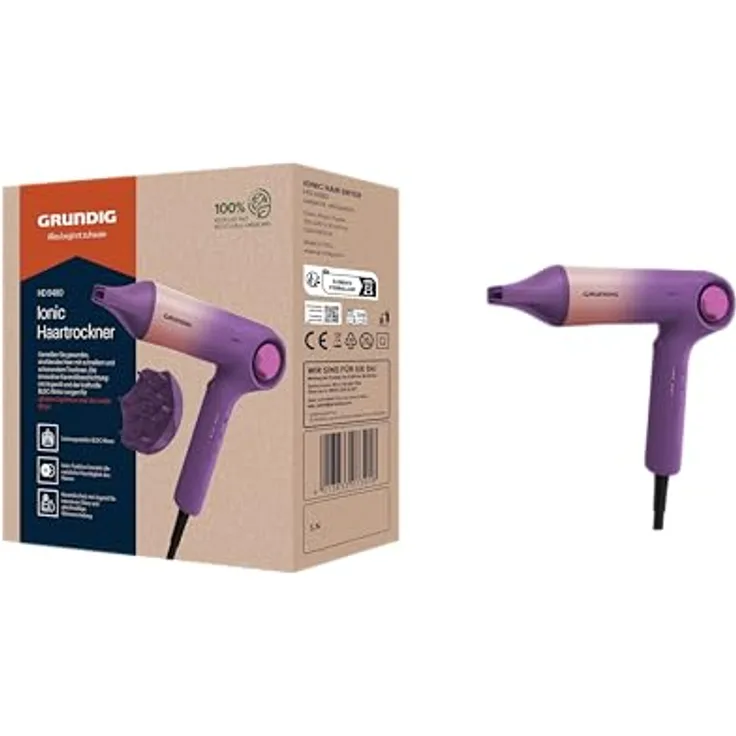 GRUNDIG HD 9480 Haartrockner 1600 W, Ionen-Föhn mit 3 Temperatur- und 3 Luftstromstufen, Kaltstufe, Keramikbeschichtung, BLDC-Motor, Rosa/Lila