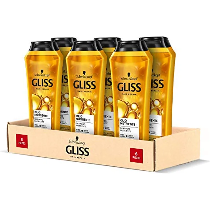 Schwarzkopf Gliss Pflegendes Öl-Shampoo, natürlicher Glanz, nährend und weich, für sprödes und strapaziertes Haar, mit Ölsäure und Marulaöl, 6 Stück x 250 ml