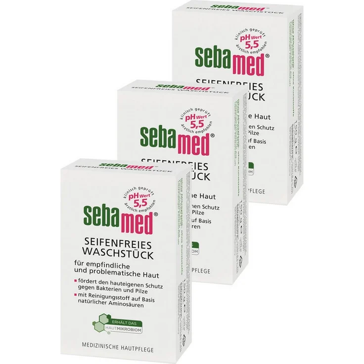 sebamed Seifen-Set, seifenfreies Waschstück mit natürlichen Aminosäuren und Vitamin E, 3er Pack (150 g)
