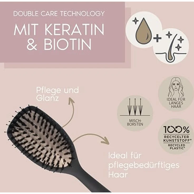 PARSA Beauty Professional Wirkstoffbürste Keratin + Biotin (Haarbürste groß/oval) - Haarbürste zum Glätten und Pflegen für langes und lockiges Haar - Mischborsten aus Wildschwein- und Nylonborsten - 28,4 x 7,2 x 4,4 cm – Bild 2