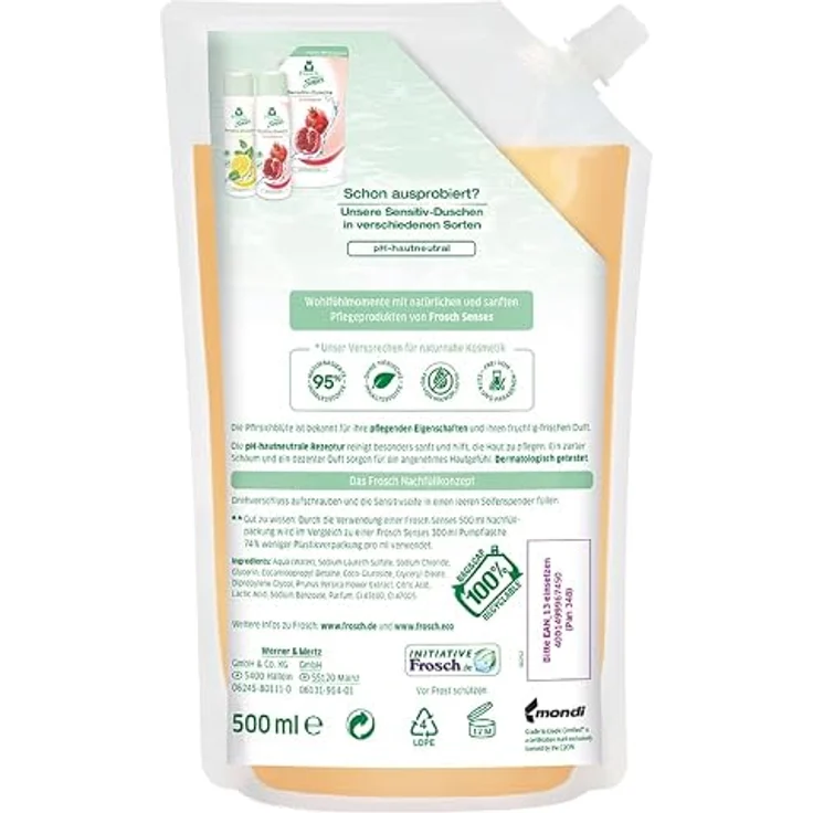 Frosch Senses Sensitivseife Pfirsichblüte 500ml, hypoallergen, pH-hautneutral, vegan