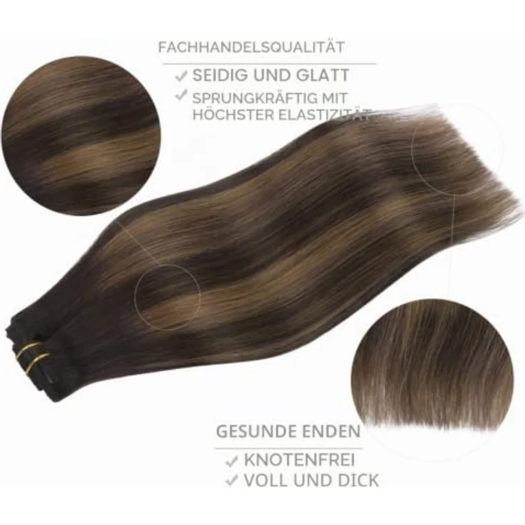 WENNALIFE Clip in Extensions Echthaar, 60cm 120g 7pcs Balayage Dunkel Braun to Chestnut Braun, Remy Haarverlängerung mit silikonverstärkten Clips – Bild 4